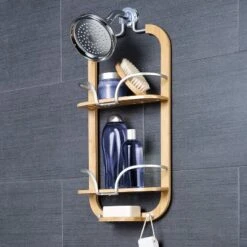 NeverRust LockTop Aluminum And Bamboo Over The Shower Caddy Satin Chrome - Zenna Home