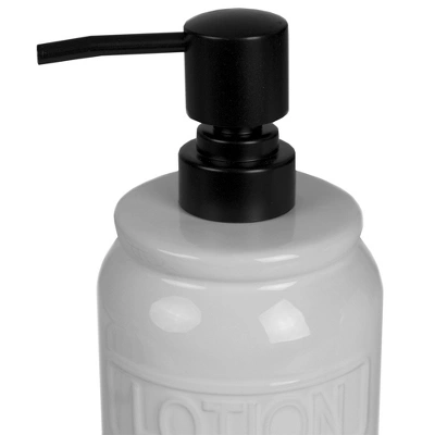 Home Basics 2 Piece Embossed Glazed Ceramic Soap Dispenser With Dual Compartment Metal Rack, White 3 Home Basics 2 Piece Embossed Glazed Ceramic Soap Dispenser With Dual Compartment Metal Rack, White