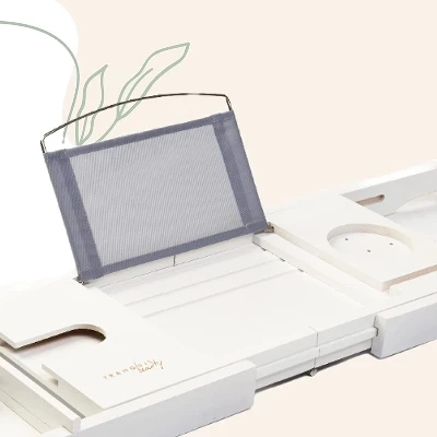 Tranquil Beauty 9" X 27" Bath Caddy With Extendable Wooden Tray For Bathroom - White 4 Tranquil Beauty 9" X 27" Bath Caddy With Extendable Wooden Tray For Bathroom - White - Image 2