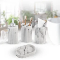4pc Marble Resin Marble Effect Bath Accessory Set White - Kralix