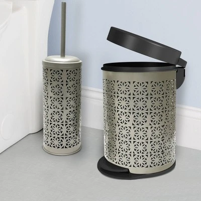Laser Cut Pewter Step Garbage Trash Can & Toilet Brush Holder With Lid Pewter - Nu Steel 3 Laser Cut Pewter Step Garbage Trash Can & Toilet Brush Holder With Lid Pewter - Nu Steel