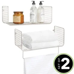 MDesign Bath Storage Organizer Shelving Set Of 2 - 1 Shelf With Towel Bar