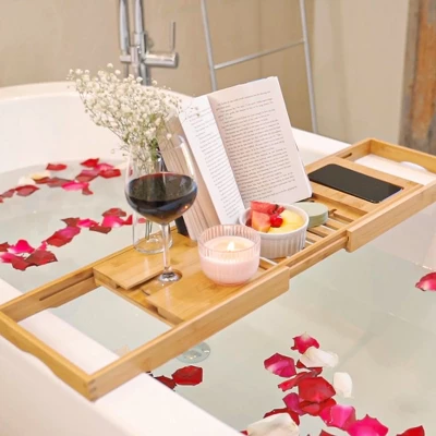 Bambusi Bamboo Bathtub Tray With Extending Sides, Reading Rack, Tablet Holder, Cellphone Tray & Integrated Wine Glass Holder. 5 Bambusi Bamboo Bathtub Tray With Extending Sides, Reading Rack, Tablet Holder, Cellphone Tray & Integrated Wine Glass Holder. - Image 3