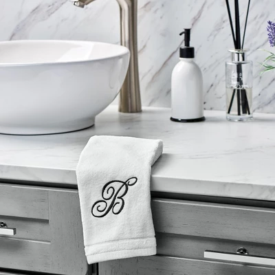Creative Scents Set Of 2 White Fingertip Monogrammed Towels, Black Embroidered 3 Creative Scents Set Of 2 White Fingertip Monogrammed Towels, Black Embroidered