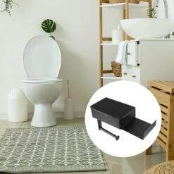 Unique Bargains Wall Mount With Phone Shelf For Kitchen Bathroom Toilet Paper Holder Black 1Pcs
