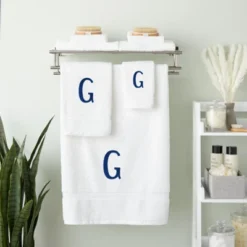 Juvale 3 Piece Letter G Monogrammed Bath Towels Set, White Cotton Bath Towel, Hand Towel, And Washcloth W Blue Embroidered Initial G For Wedding Gift