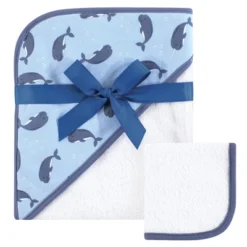 Hudson Baby Infant Boys Cotton Hooded Towel And Washcloth 2pc Set, Narwhal